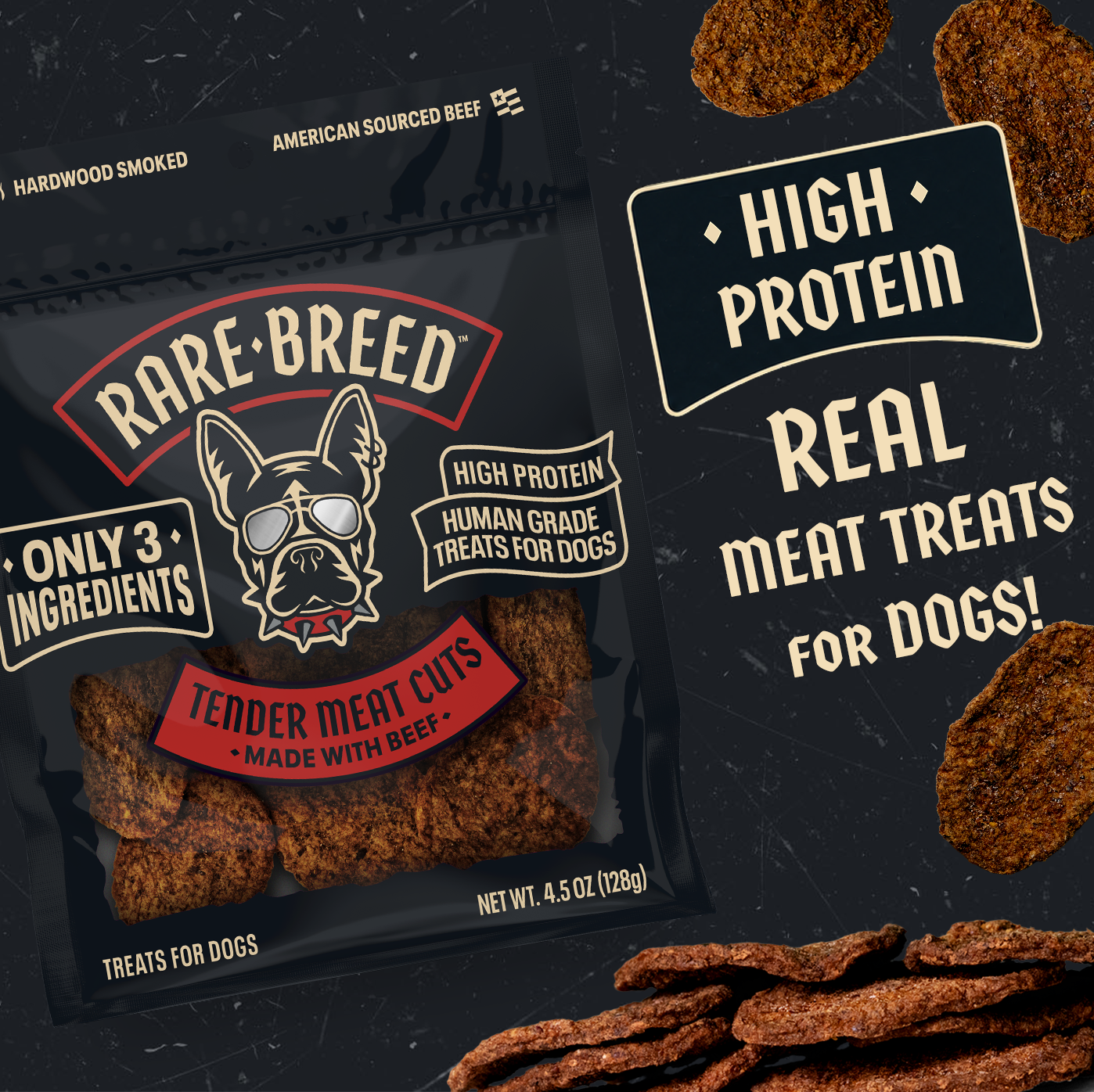 Rare Breed Facebook ad: ONLY 3 INGREDIENTS, HUMAN-GRADE, AMERICAN-SOURCED