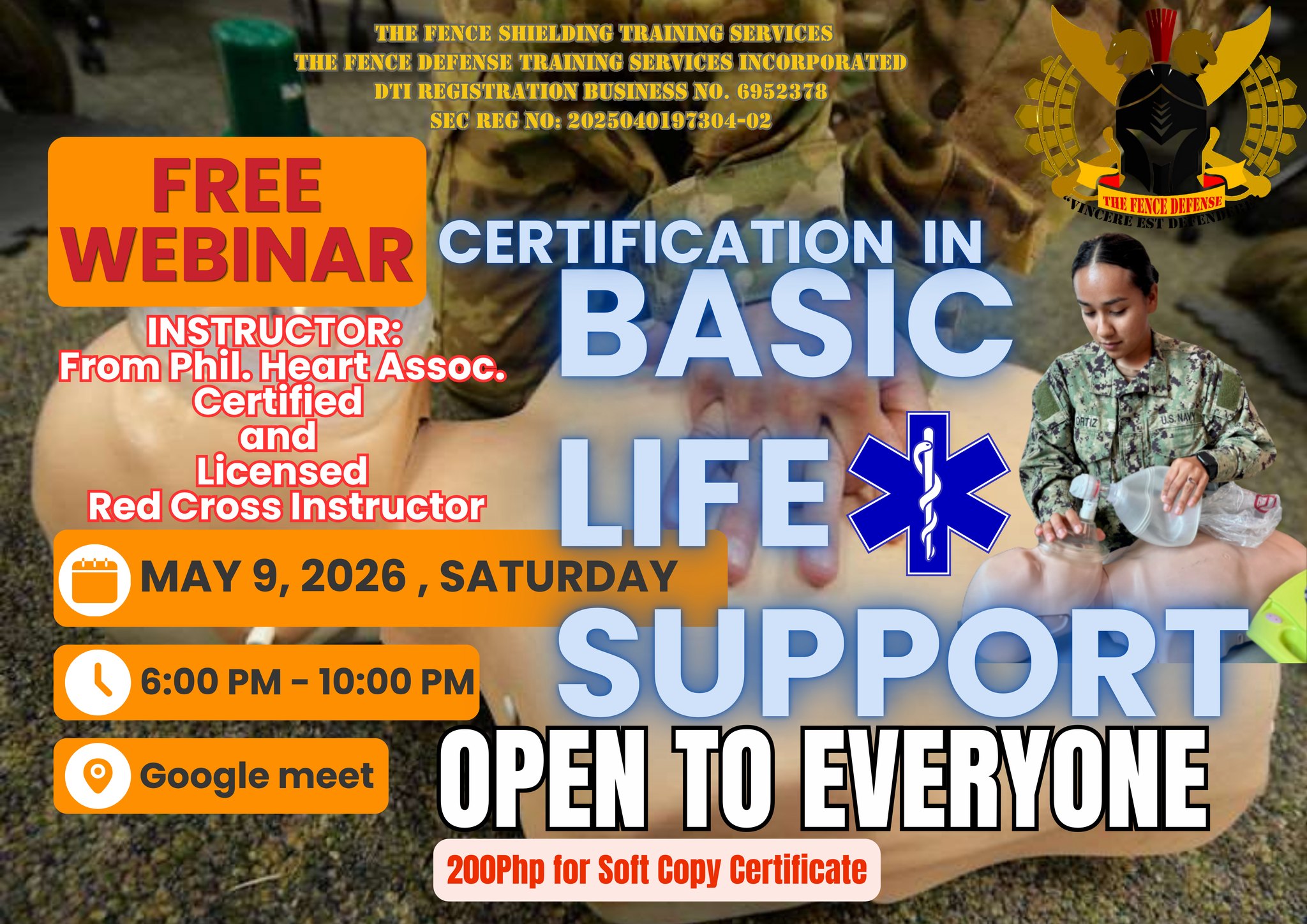 The Fence Defense Training Services Incorporated Facebook ad: BASIC LIFE SUPPORT (BLS) - FREE SEMINAR
