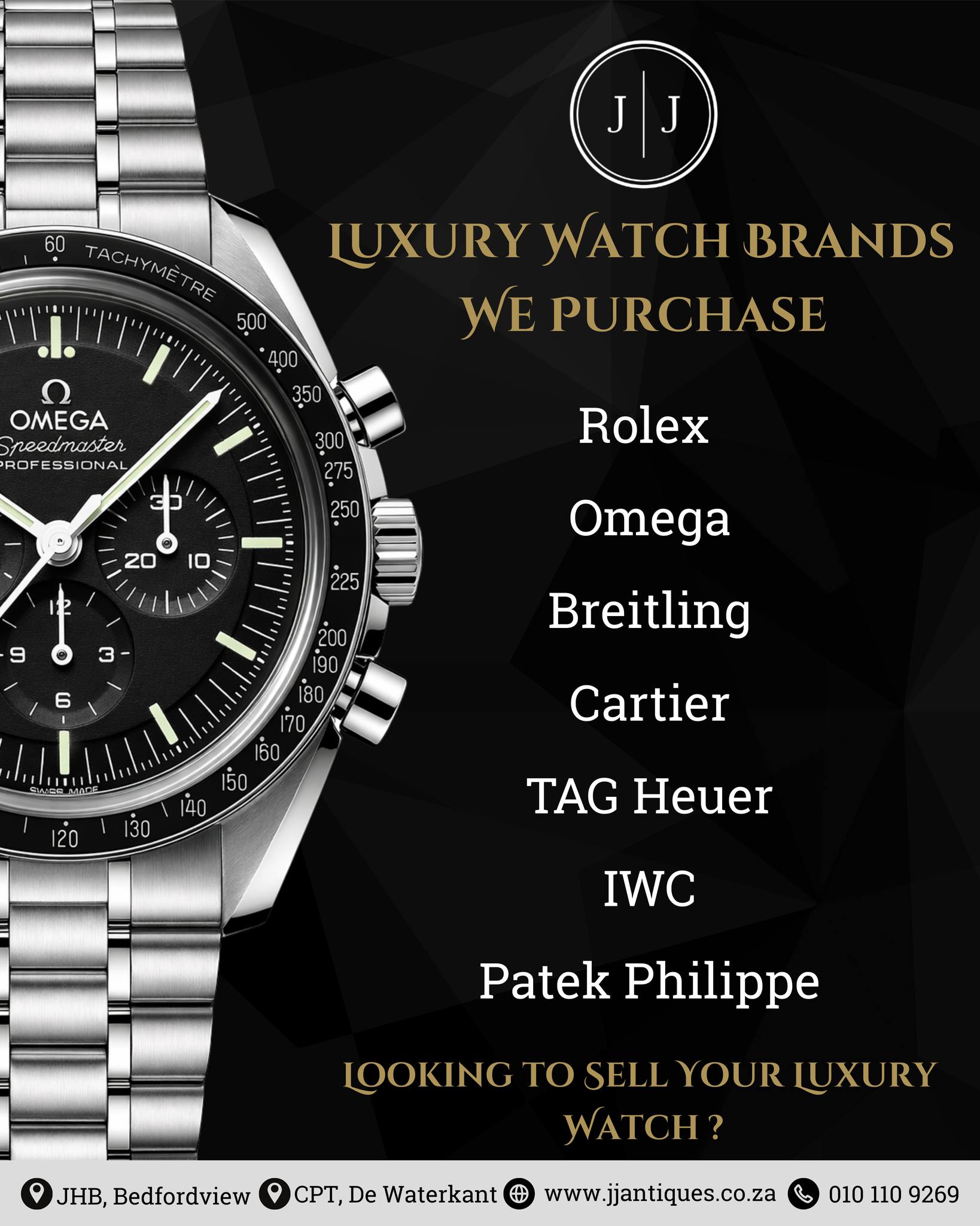 J&J Antiques & Collectables Facebook ad: We Buy Luxury Watches - Rolex, Omega, Breitling, Cartier &…
