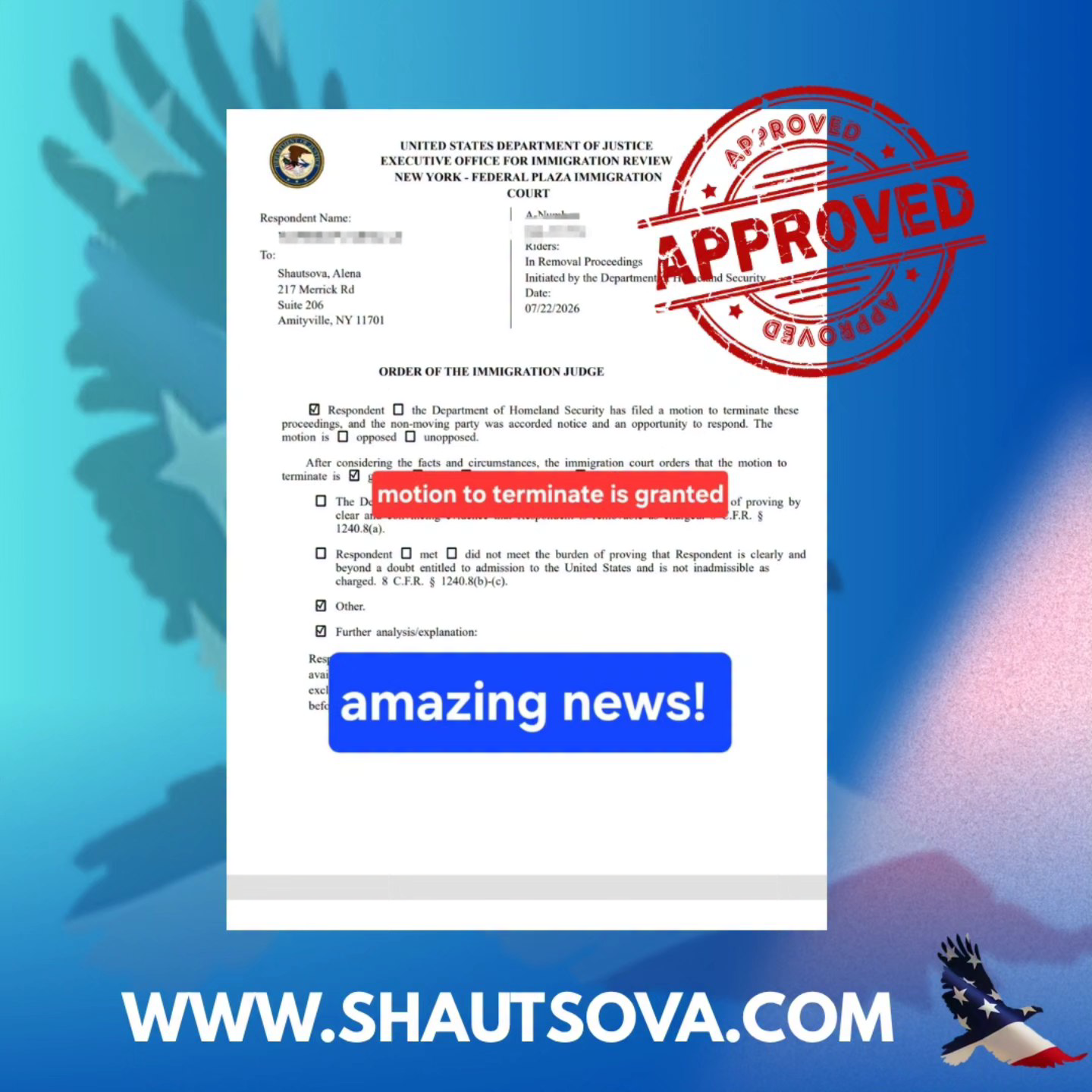 New York Immigration Lawyer Facebook ad: New York Immigration Attorney Alena Shautsova helps clients…