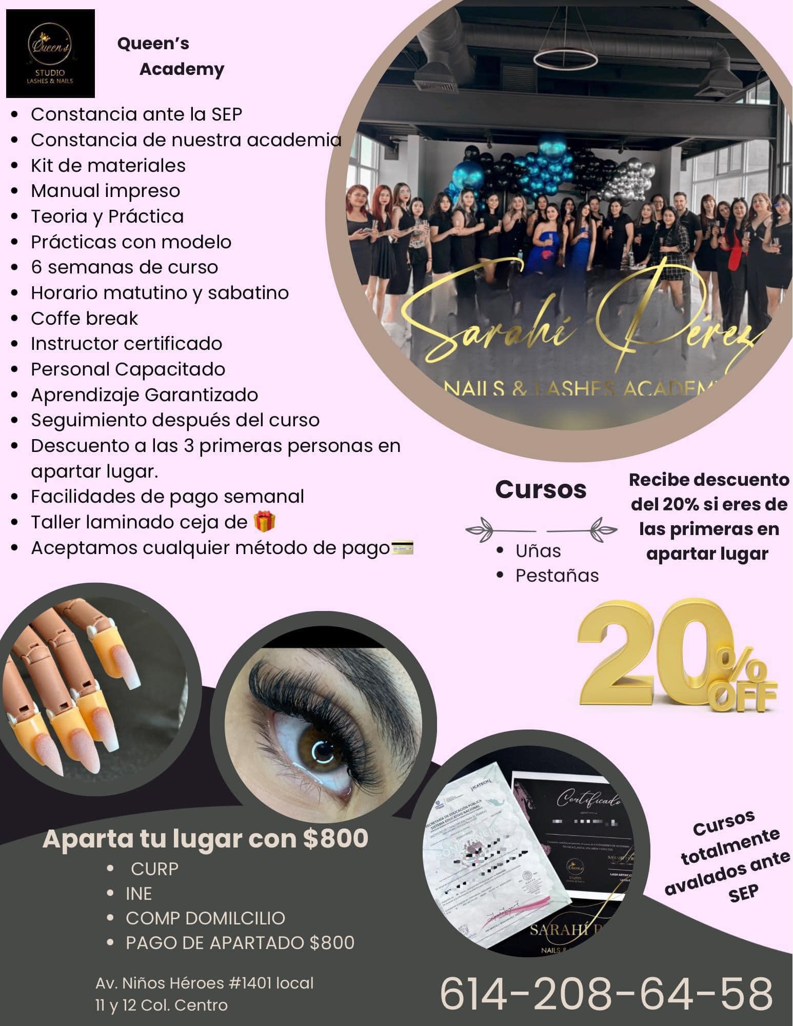 Queen’s Studio Facebook ad: CERTIFÍCATE EN UÑAS O EXTENSIONES DE PESTAÑAS