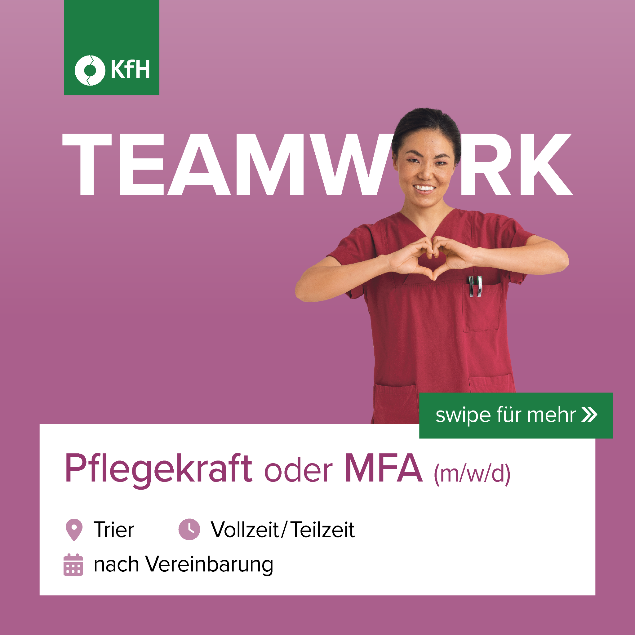KfH Kuratorium für Dialyse und Nierentransplantation e.V. Facebook ad: TEAMWORK - Dafür stehen wir: ein Job, der…