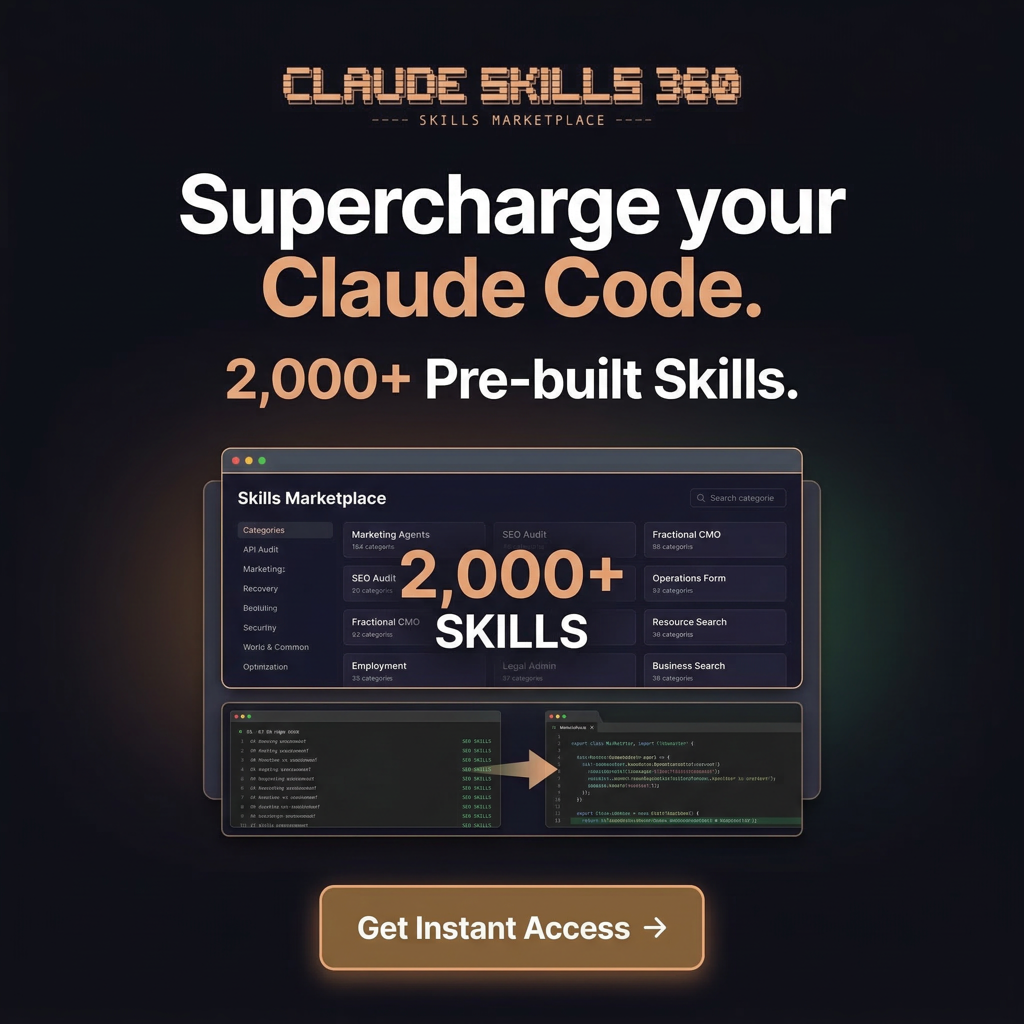 ClaudeSkills360 Facebook ad: 2,350 Skills for Claude Code