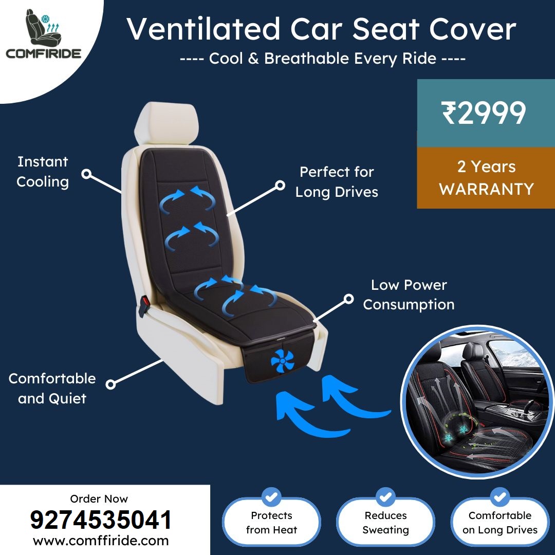 Comfi Ride a ventilated car seat Facebook ad: ventilated set cover with 2 years guaranty