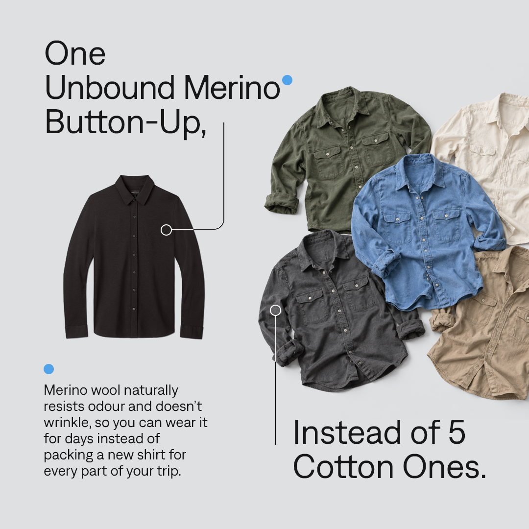 Unbound Merino Facebook ad: Pack One. Look Great.