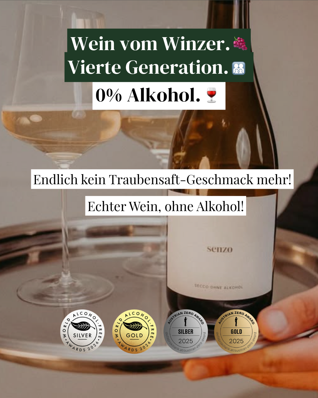 Senzo Facebook ad: SENZO, 100% Winzerhandwerk, 0,0% Alkohol