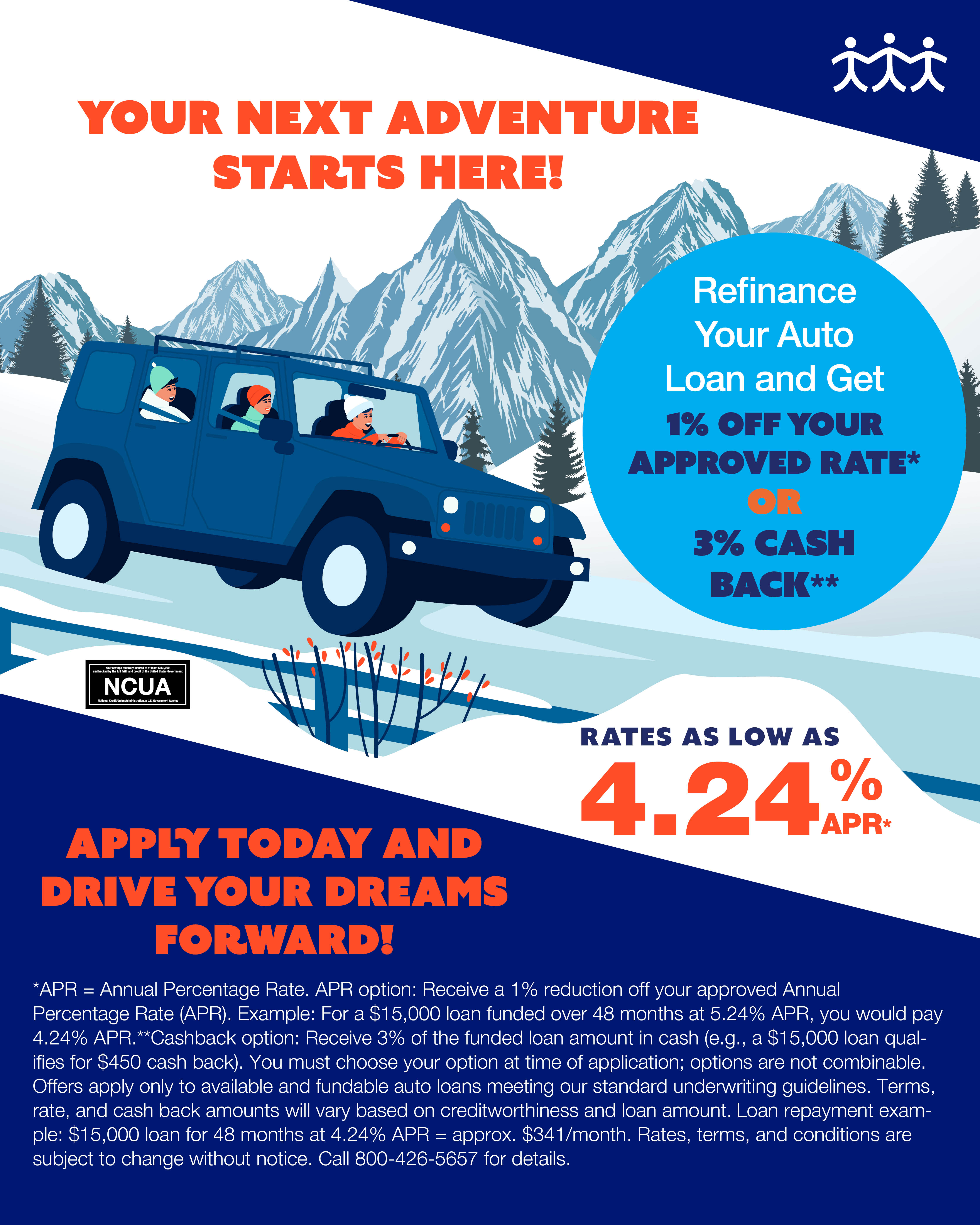 Our Community Credit Union Facebook ad: Your Next Adventure in Saving Starts with OURCU!