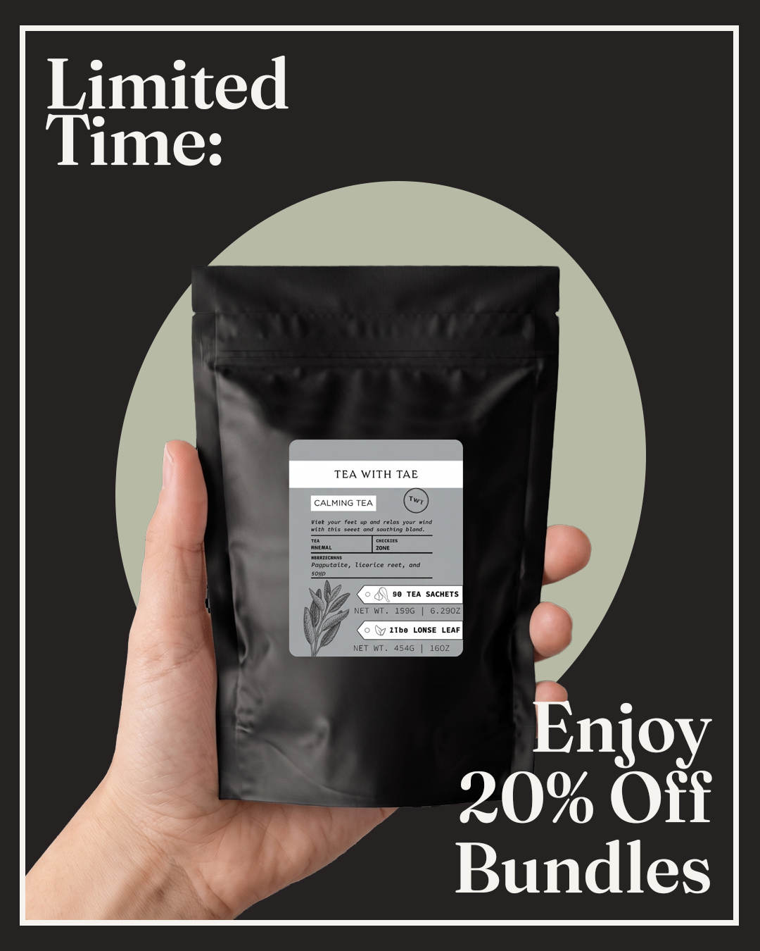Tea with Tae Facebook ad: Our tea pyramid sachets are made from 100% biodegradable…