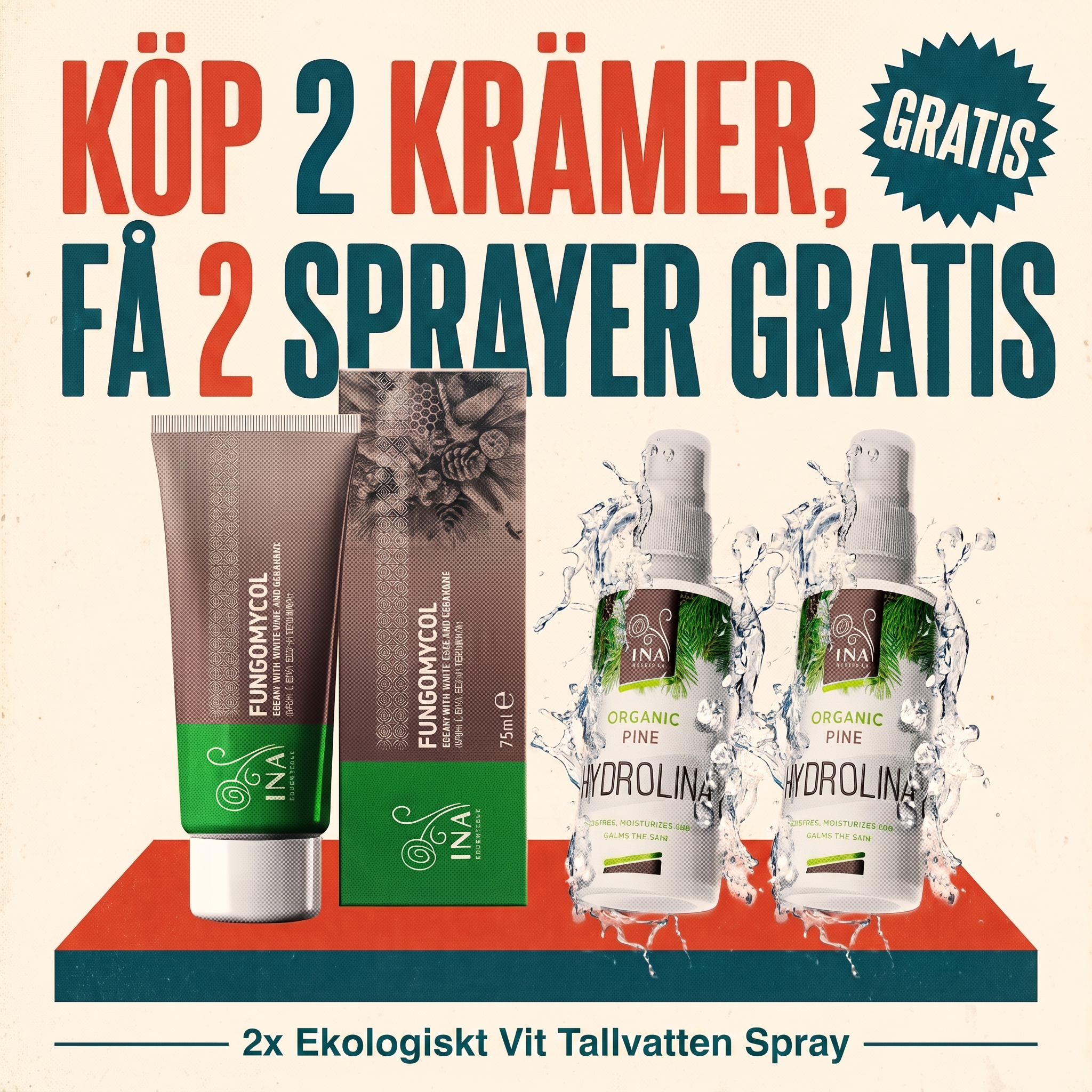 InaEssentials - Webbutik för 100% ekologisk BIO-kosmetika Facebook ad: Köp 2 Fungomycol, få 2 Hydrolina på köpet