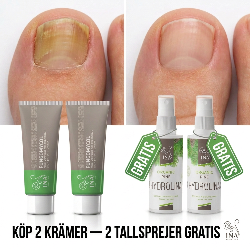 InaEssentials - Webbutik för 100% ekologisk BIO-kosmetika Facebook ad: Köp 2 Fungomycol-krämer, få 2 tallvatten på köpet