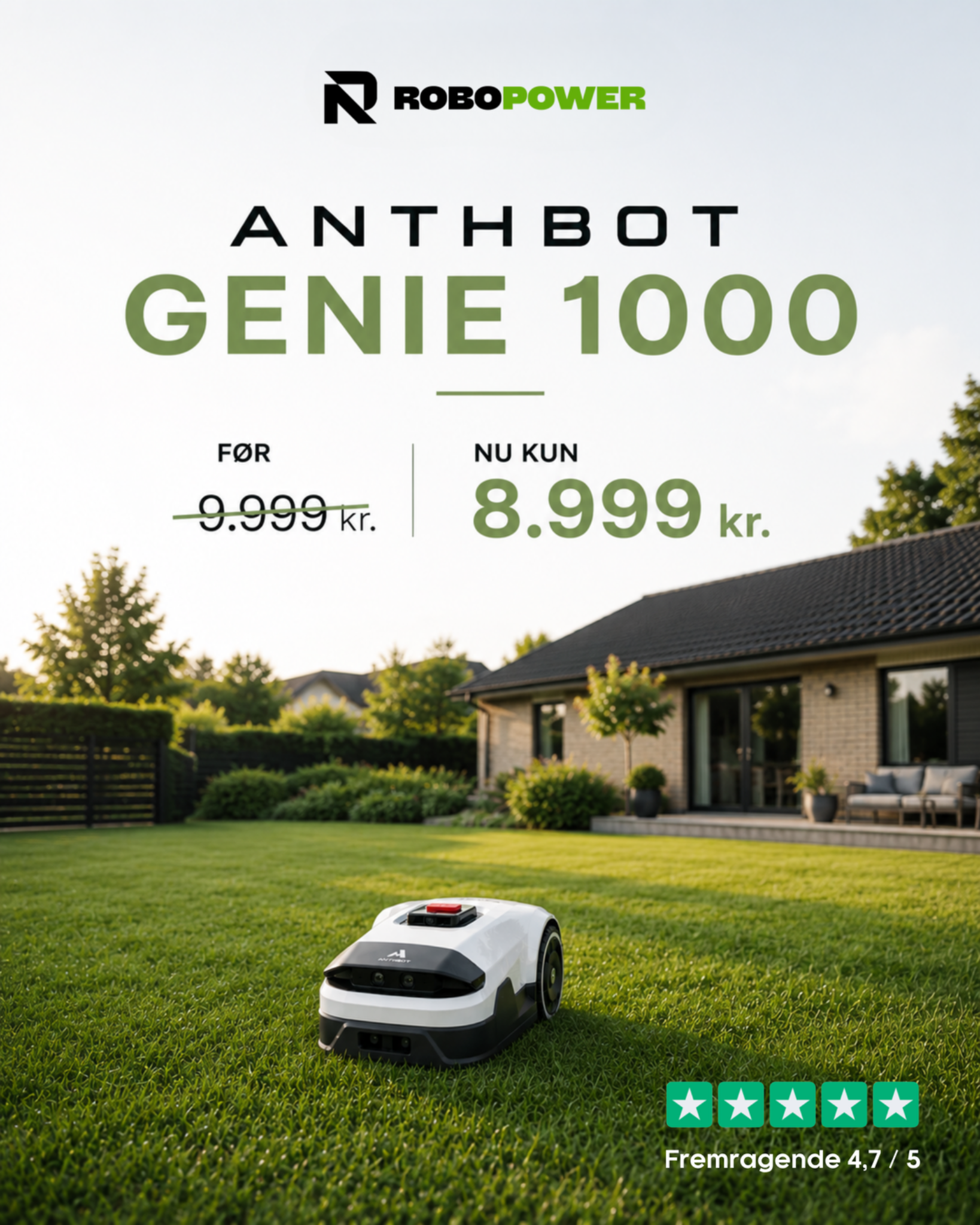 Robopower - robotplæneklippere med bedre service Facebook ad: Din nye havemand, kun 8.999 kr.