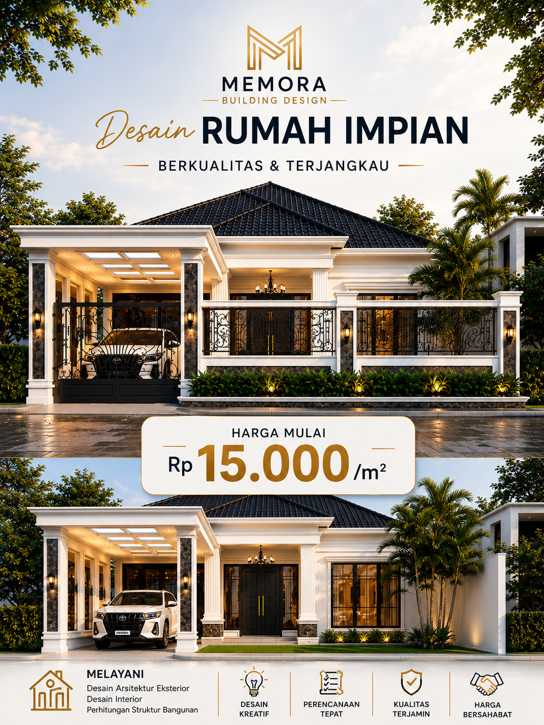 Memora design Facebook ad: Wujudkan Rumah Mewah Impian Anda, Tanpa Biaya Desain yang…