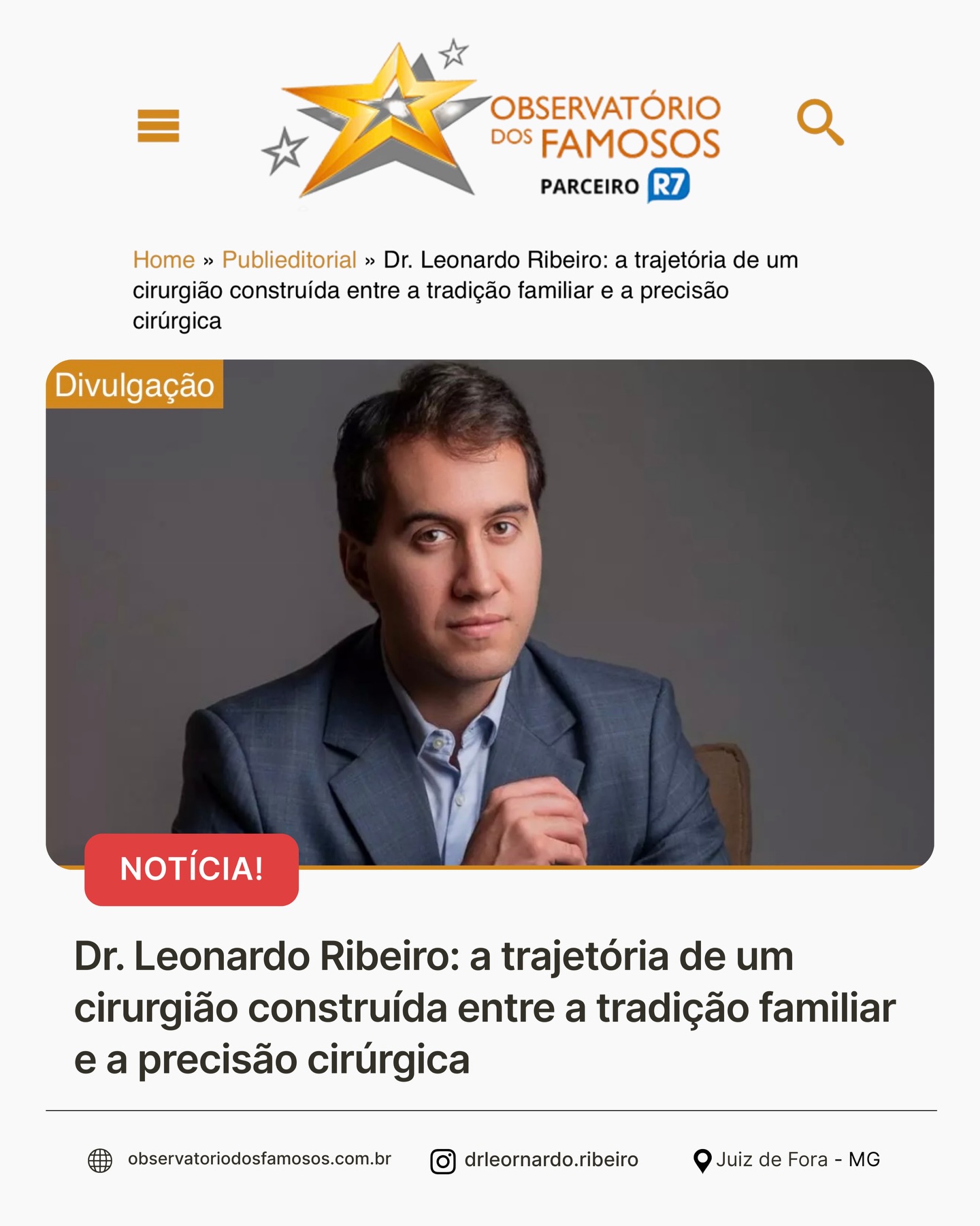 Dr. Leonardo Ribeiro Rinoplastia Facebook ad: Estamos no Portal Observatório dos Famosos!