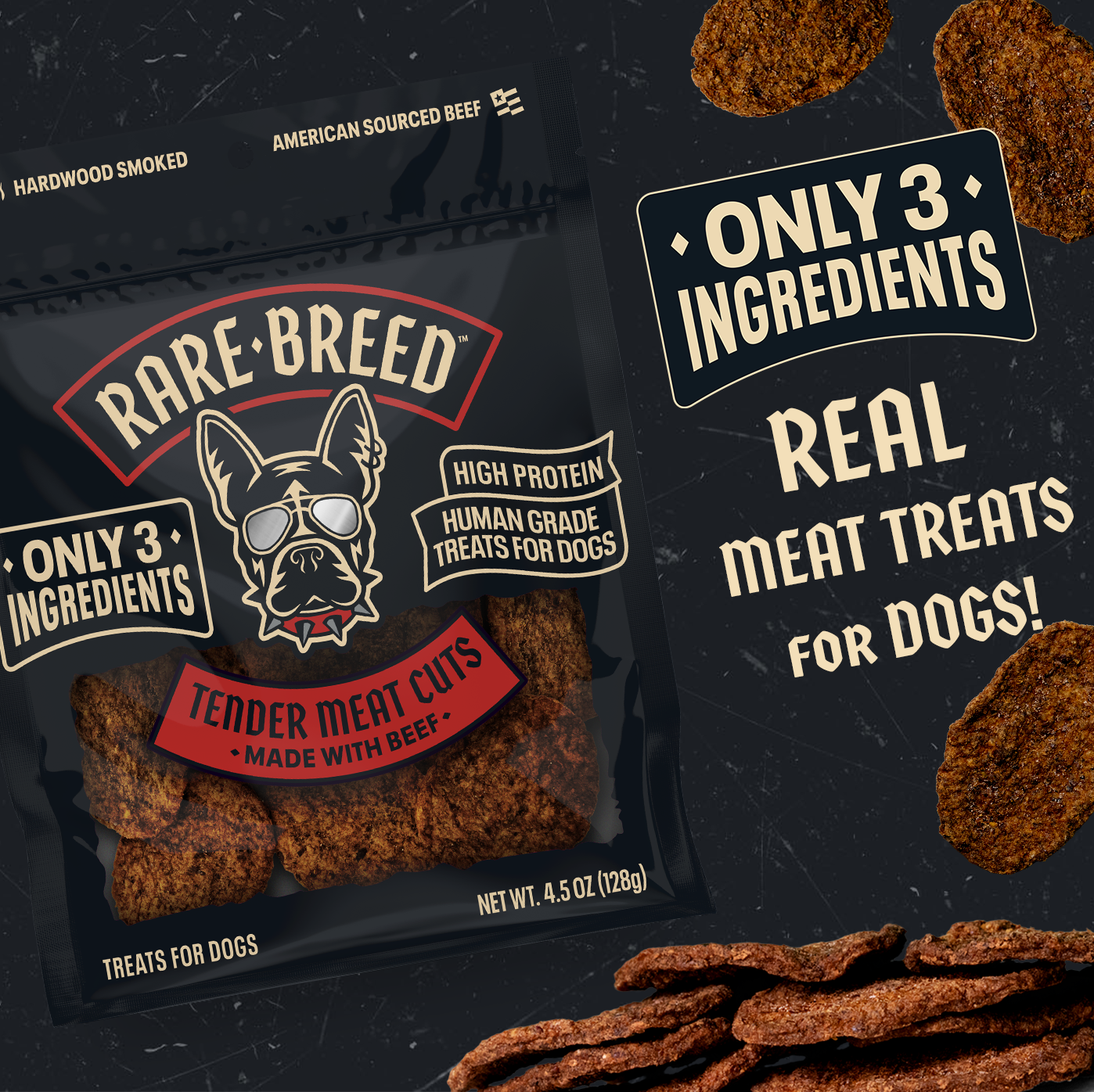 Rare Breed Facebook ad: ONLY 3 INGREDIENTS, HUMAN-GRADE, AMERICAN-SOURCED