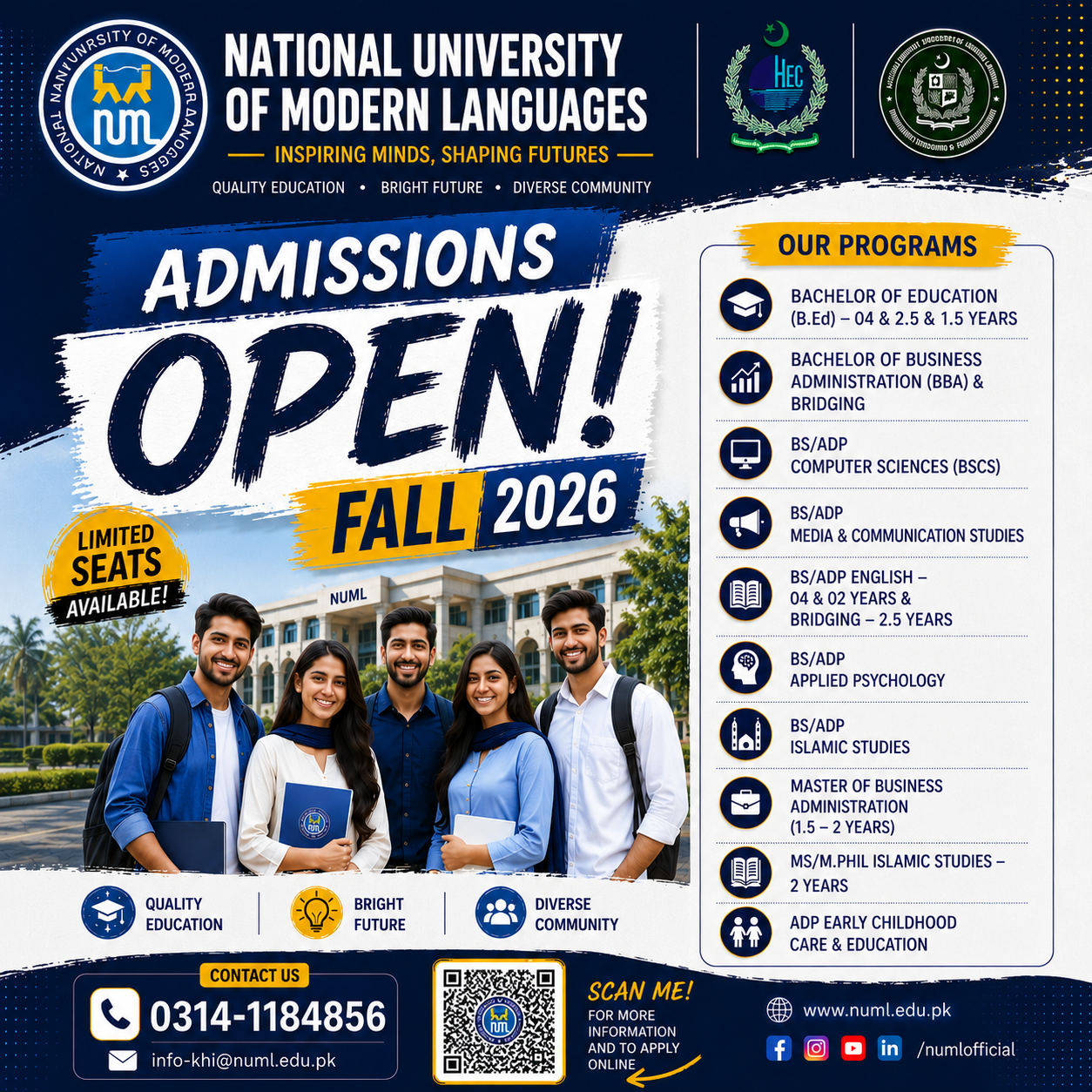 NUML Karachi Campus Facebook ad: Last Round Admissions Open, Fall 2026!