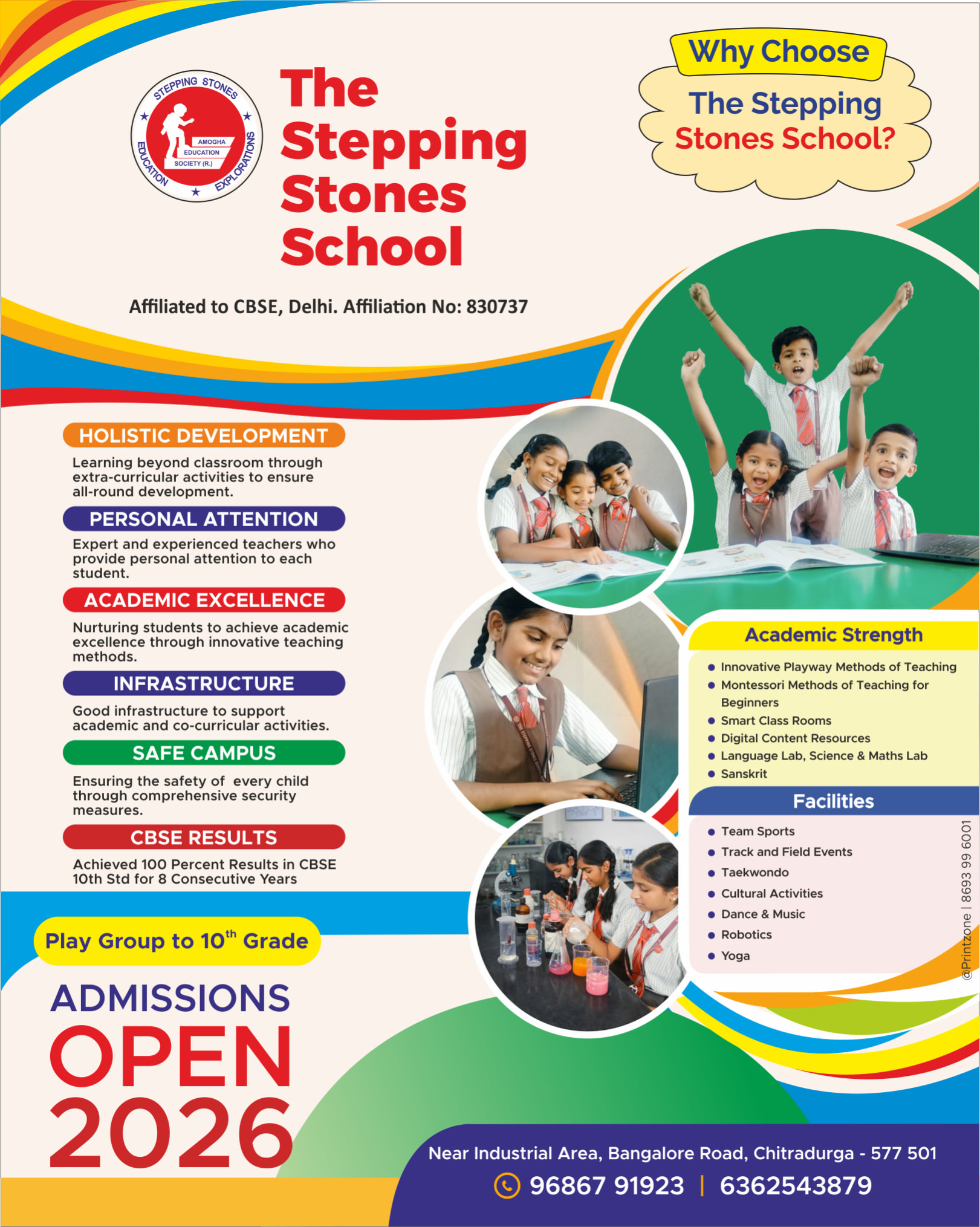 The Stepping Stones School Facebook ad: Admissions Open for the Academic year 2026-27.