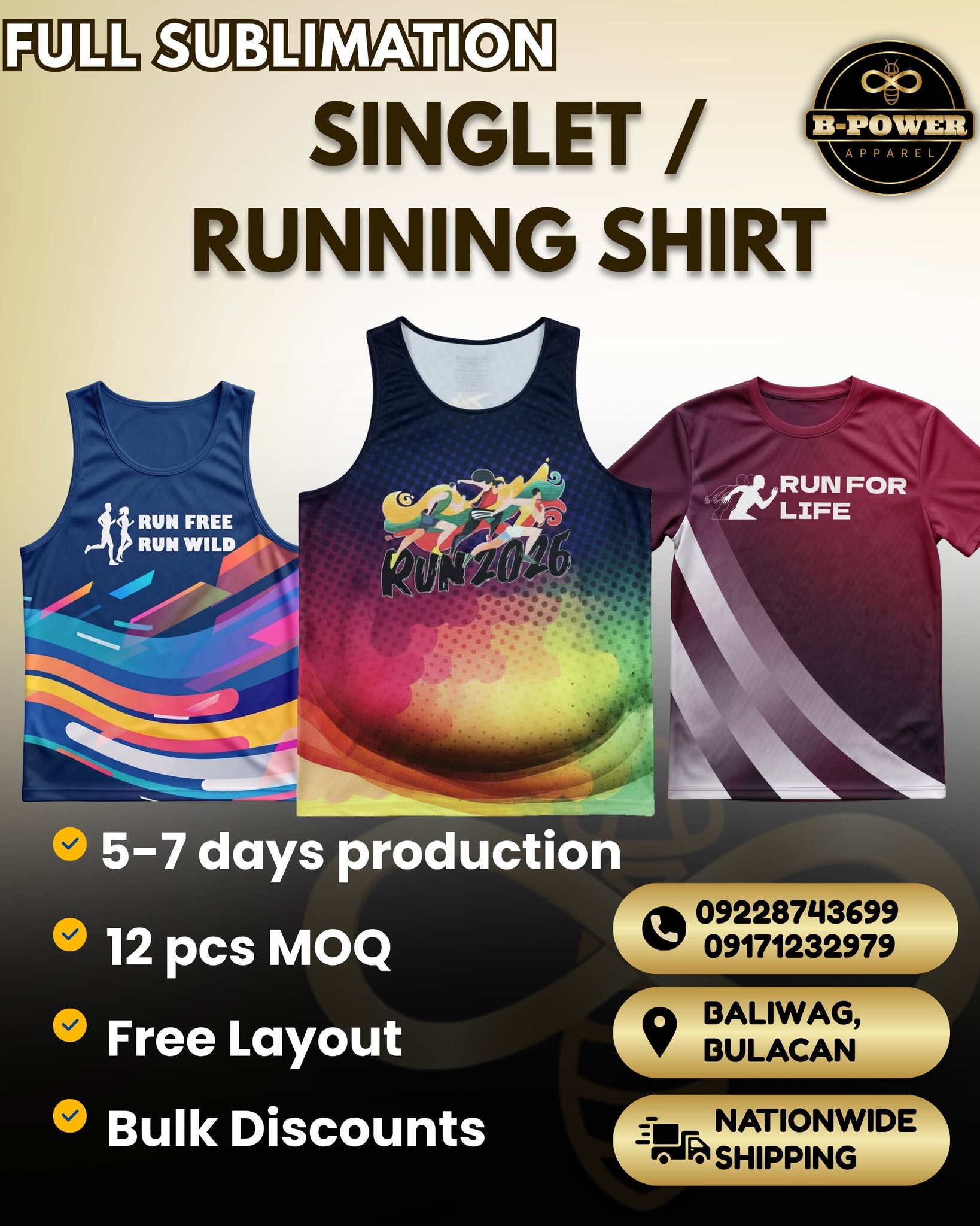 B-Power Custom Apparel PH Facebook ad: Singlet / Finisher Shirts