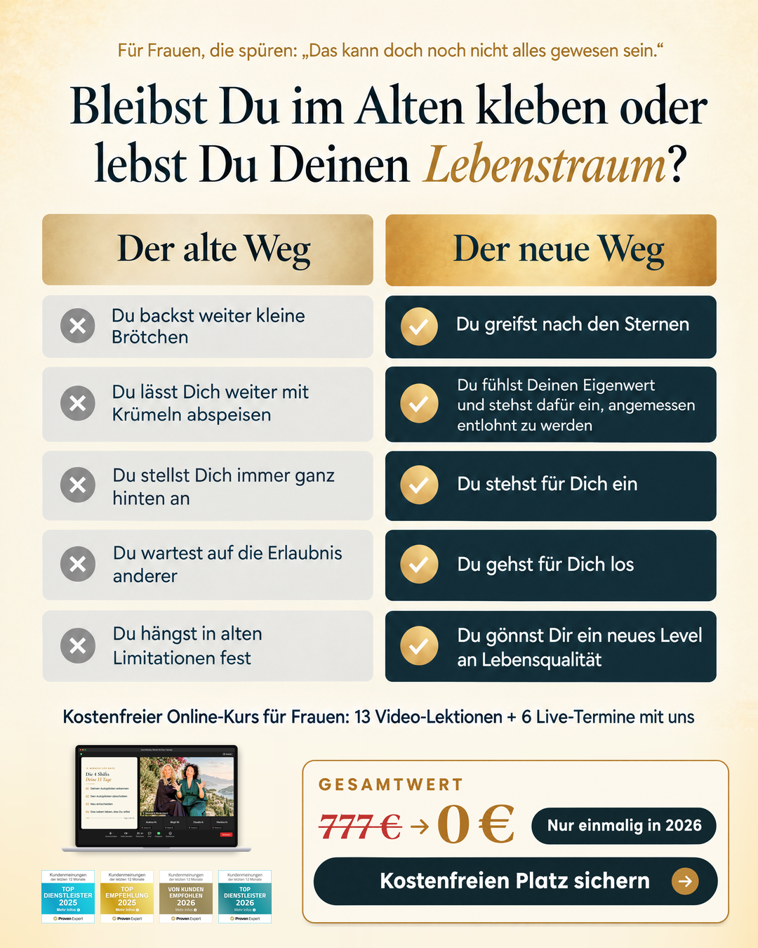 Susanne & Nicole Facebook ad: Kostenfreier Online-Kurs zum Leben, das Du wirklich willst