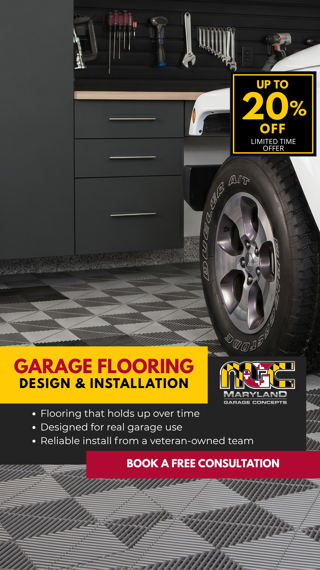 Maryland Garage Concepts Facebook ad: Get up to 20% Off Garage Flooring