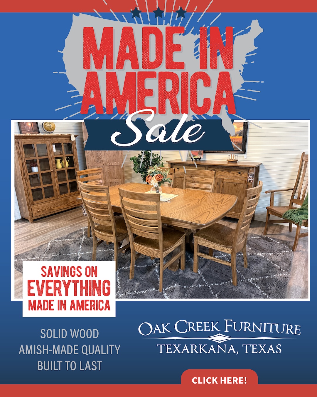 Oak Creek Furniture & Pantry Facebook ad: This month SAVE on everything MADE IN AMERICA!