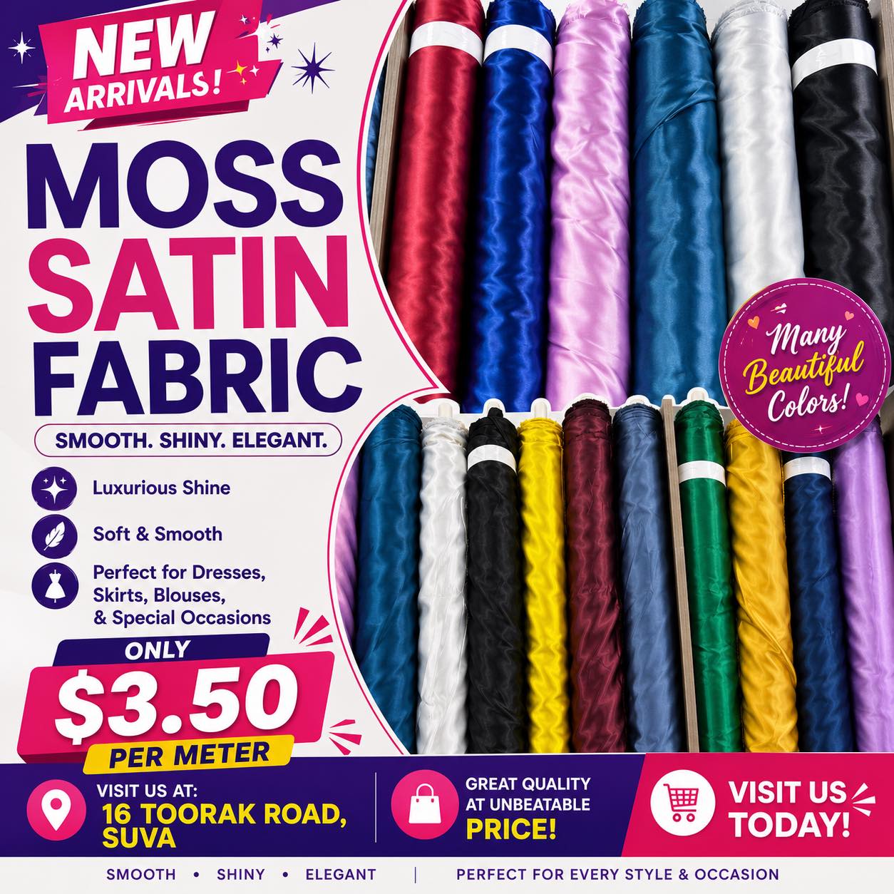 Nulook Fabrics Facebook ad: New Arrivals! - 45 Moss Satin Fabric