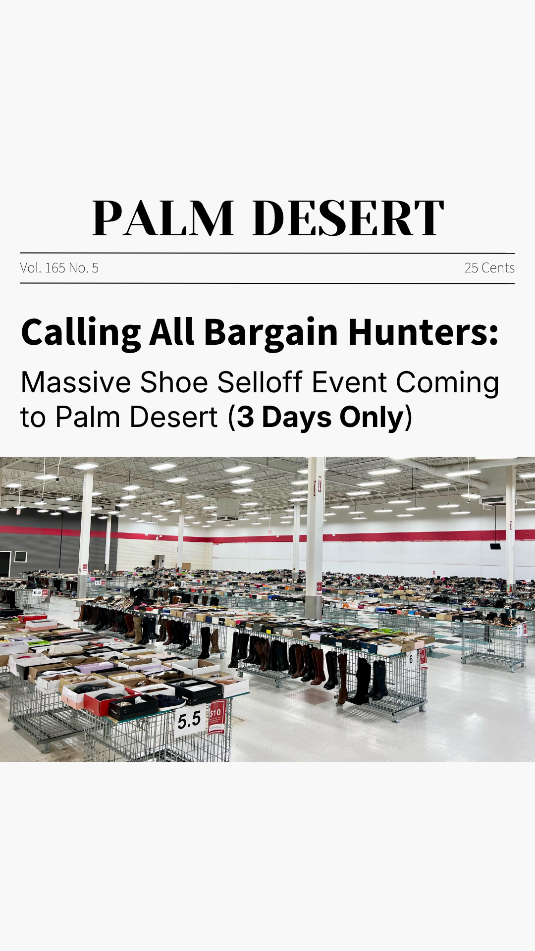 Shoe Selloff Event Facebook ad: Shoe Selloff Event | All Shoes $10-$30 | Palm Desert, CA
