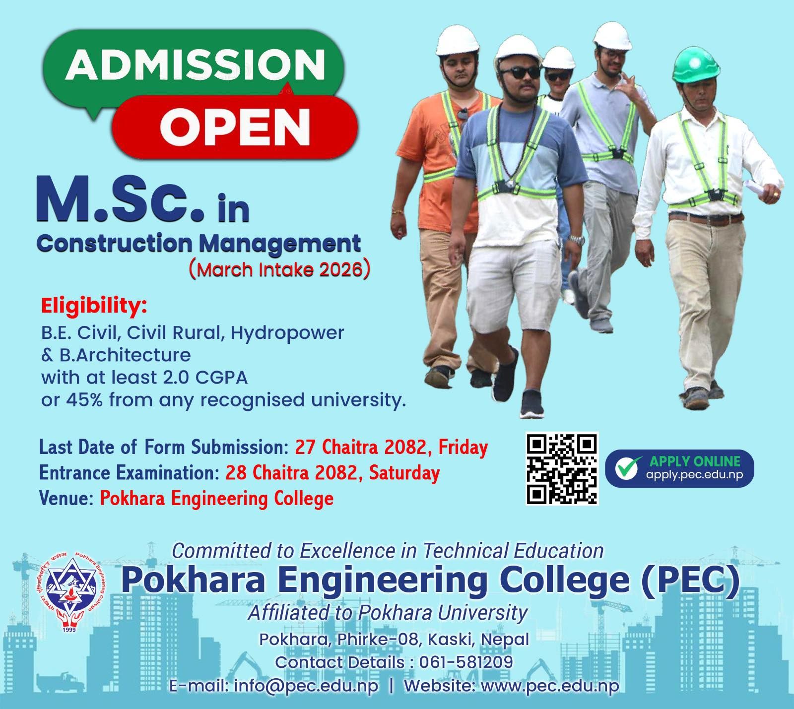 Pokhara Engineering College Facebook ad: ADMISSION OPEN for M.Sc in Construction Management 2026…