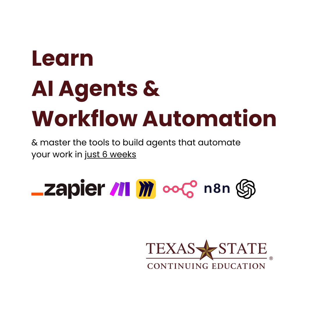 Texas State Tech Bootcamps Facebook ad: AI Agents & Workflow Automation Certificate, 6 Weeks, 100%…