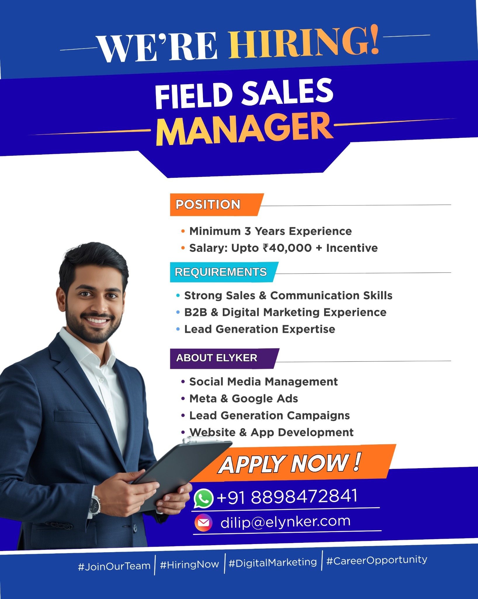 Elynker Facebook ad: Hiring Field Sales Manager, Apply Now