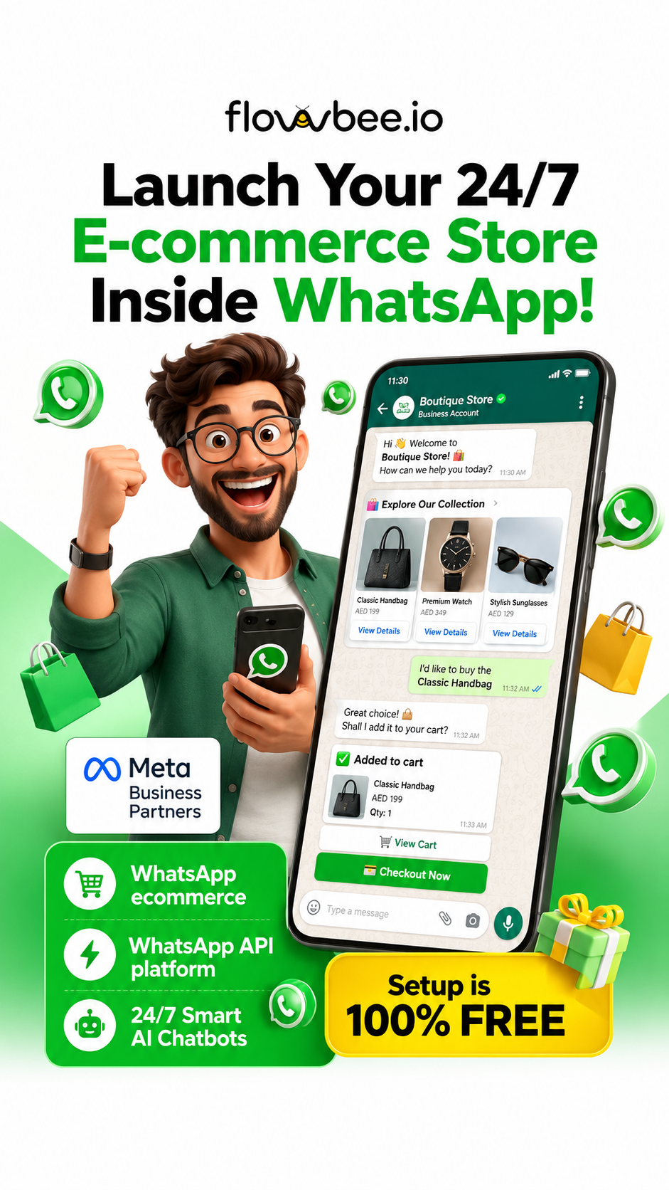flowbee.io Facebook ad: Launch Your 24/7 E-commerce Store on WhatsApp!