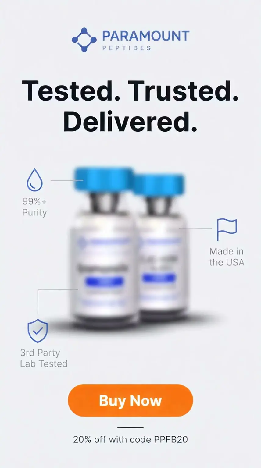Paramount Peptides Sale Facebook ad: Get 20% Off Your First Order.
