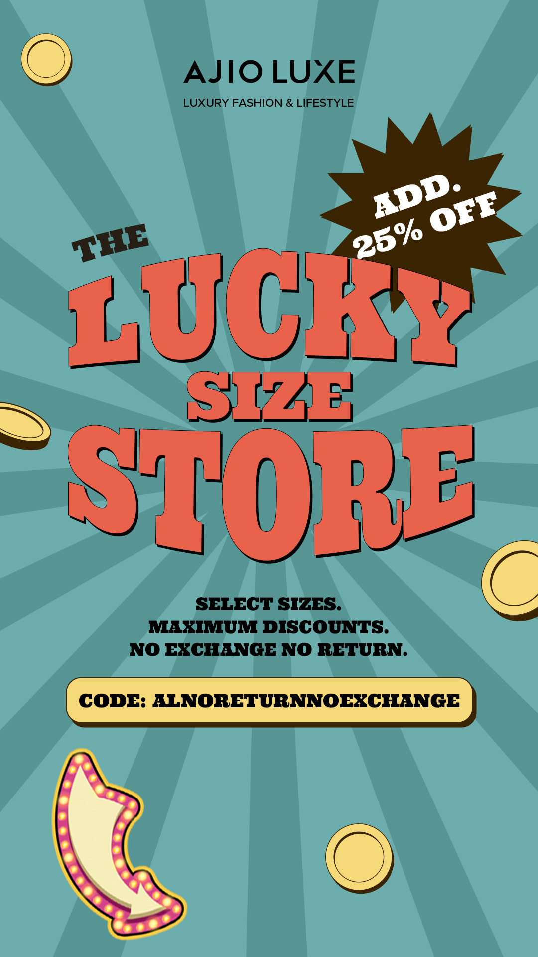 AjioLuxe Facebook ad: The Lucky Size Store is back on Ajio…