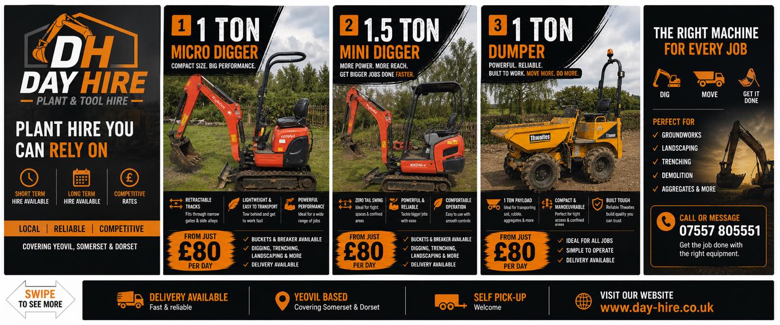 Day Hire & Construction Facebook ad: Mini Digger & Dumper Hire, From £80/day
