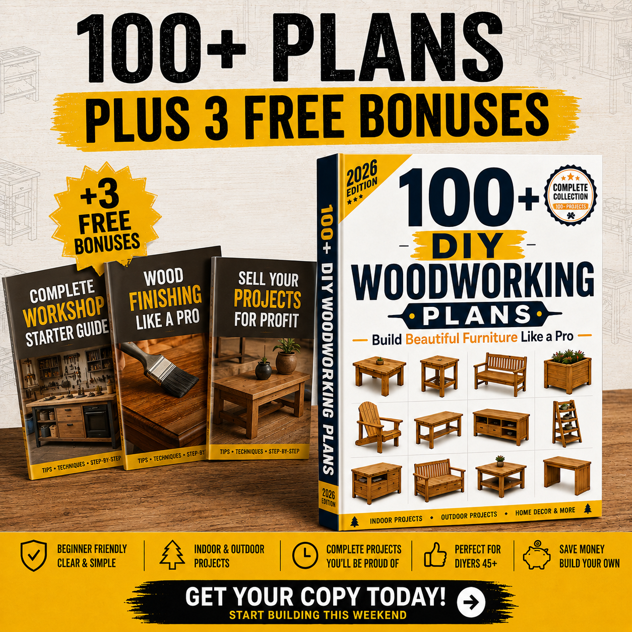 Diy Plans Vault Facebook ad: 100+ Plans. 3 Bonuses. Unlimited Projects.