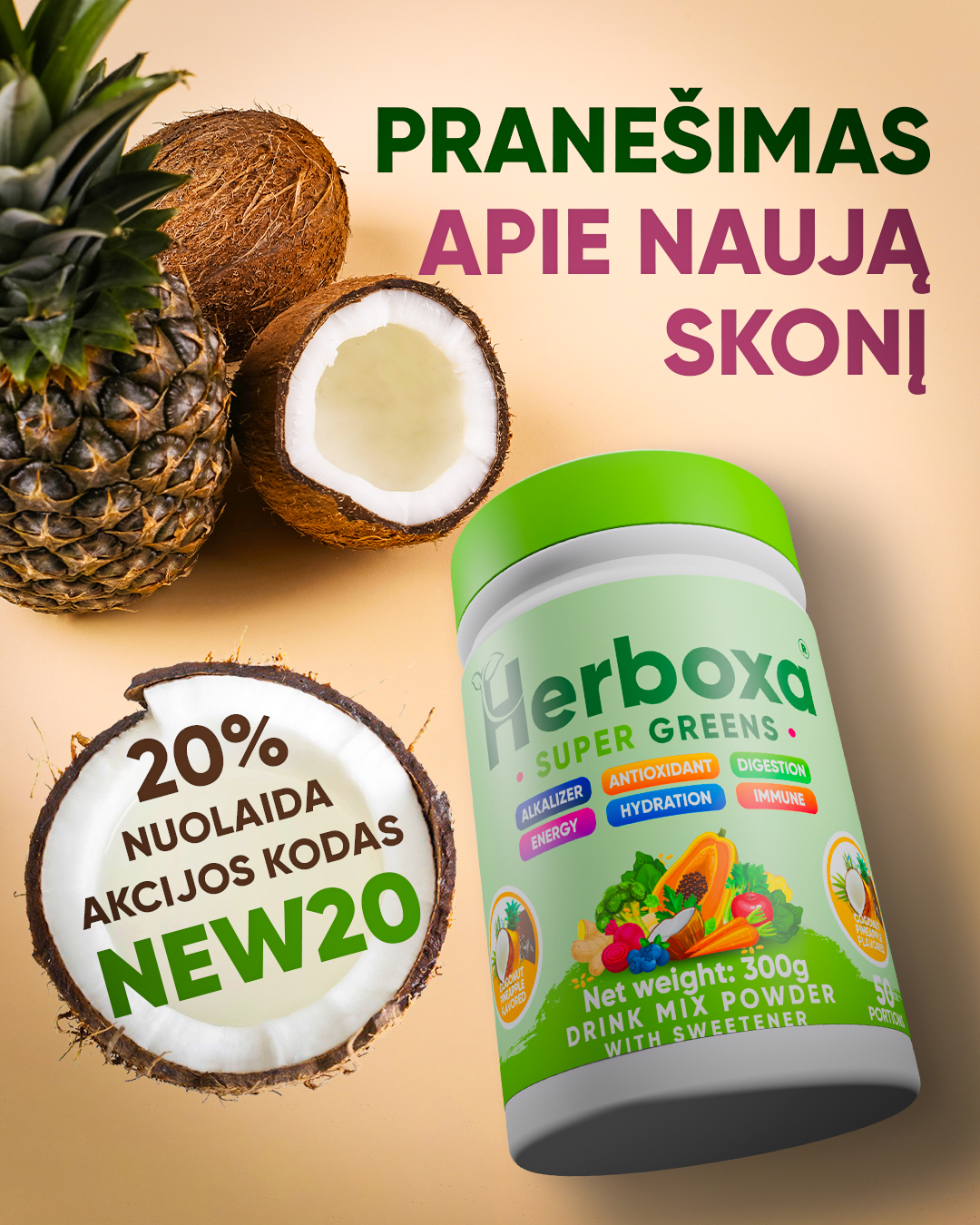 HerBoxa International Facebook ad: GAUKITE 20 % NUOLAIDĄ su kodu NEW20, riboto laiko pasiūlymas