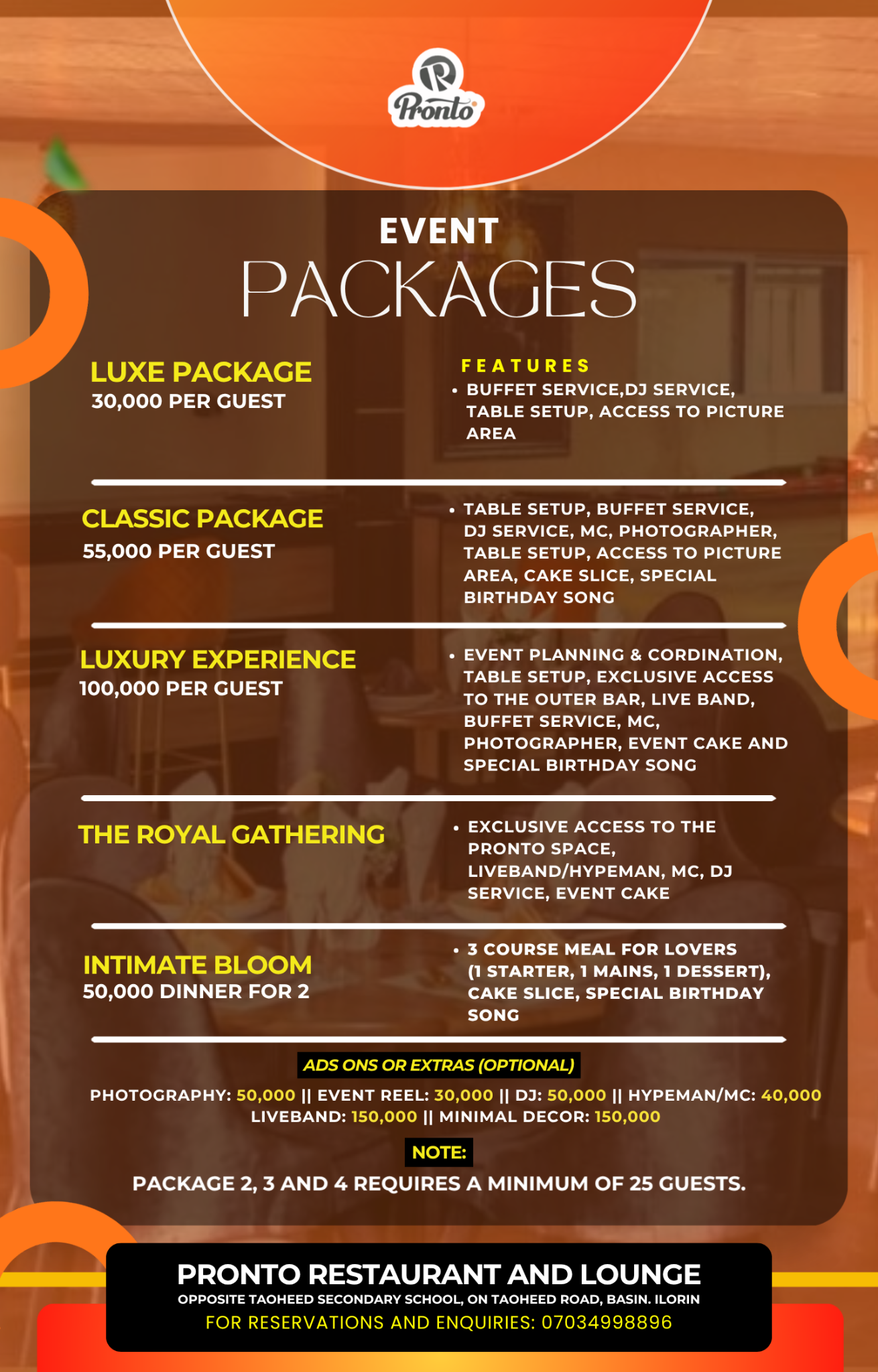 Pronto Restaurant and Lounge Facebook ad: Make Your Special Day Unforgettable