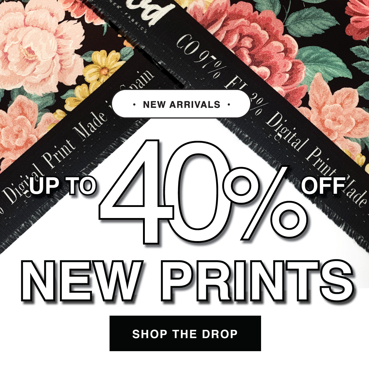 Mood Designer Fabrics Facebook ad: Up to 40% Off Prints
