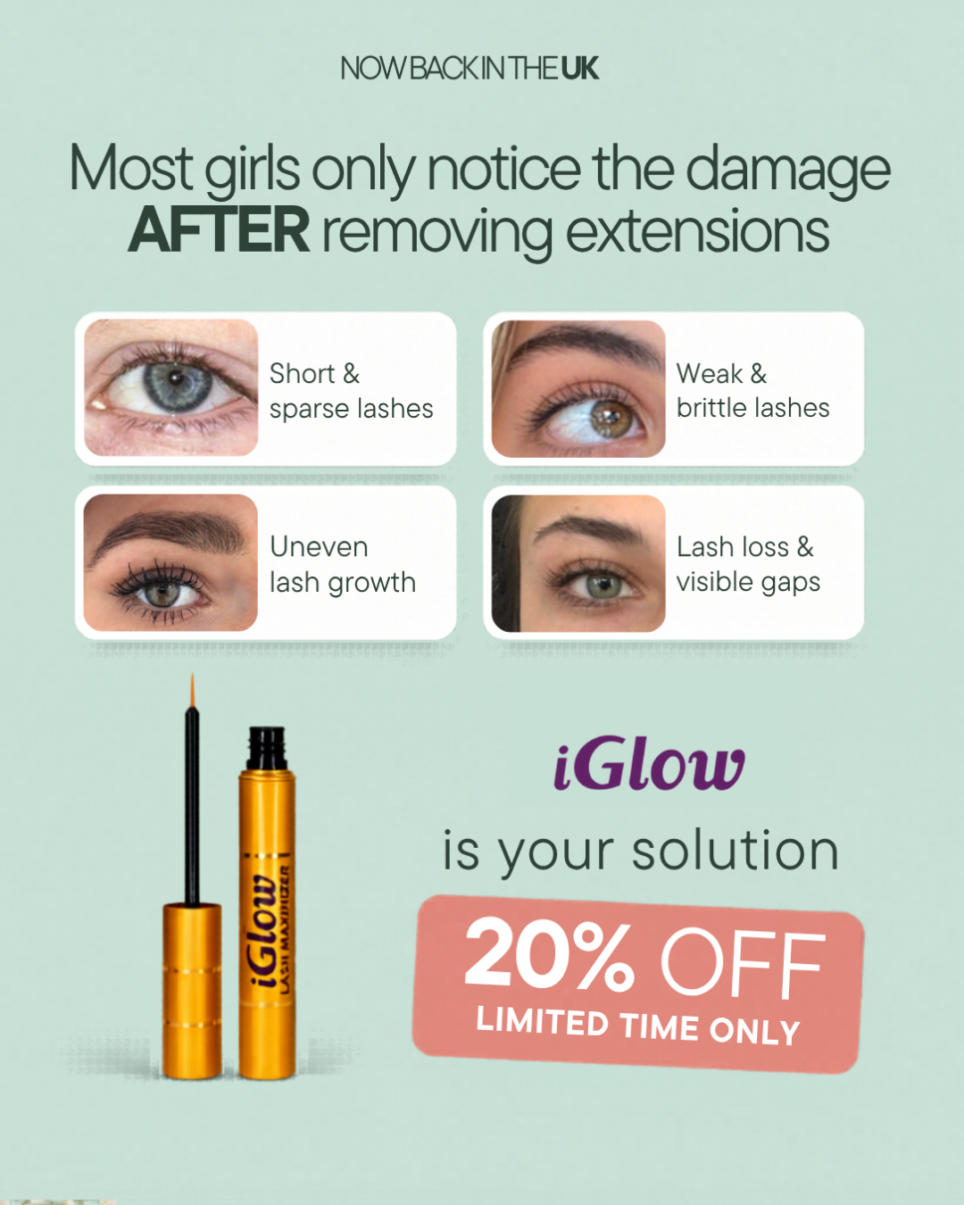 iGlow Facebook ad: Finally back - 20% off