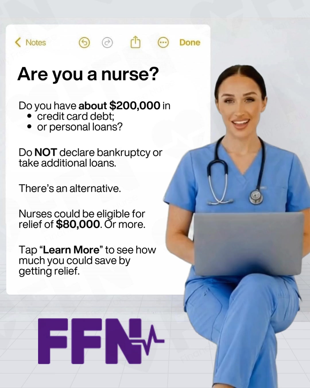 Financially Free Nurse Facebook ad: Relief for Nurses