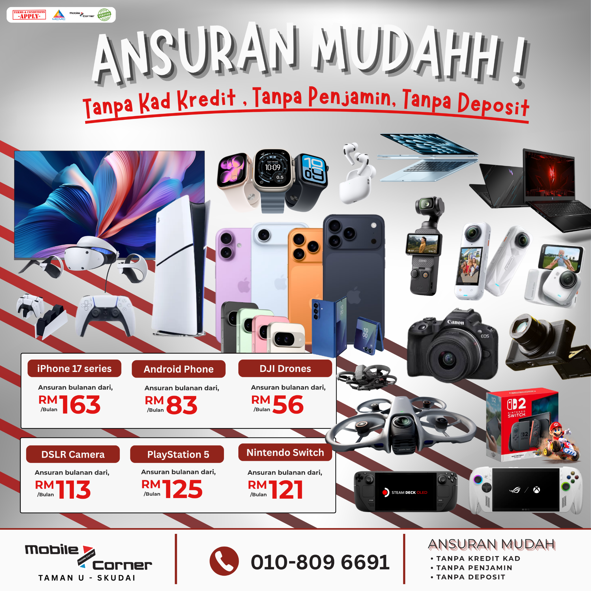 Mobile Corner Skudai Johor Facebook ad: 100 orang terawal dapat FREE semak kelayakan.