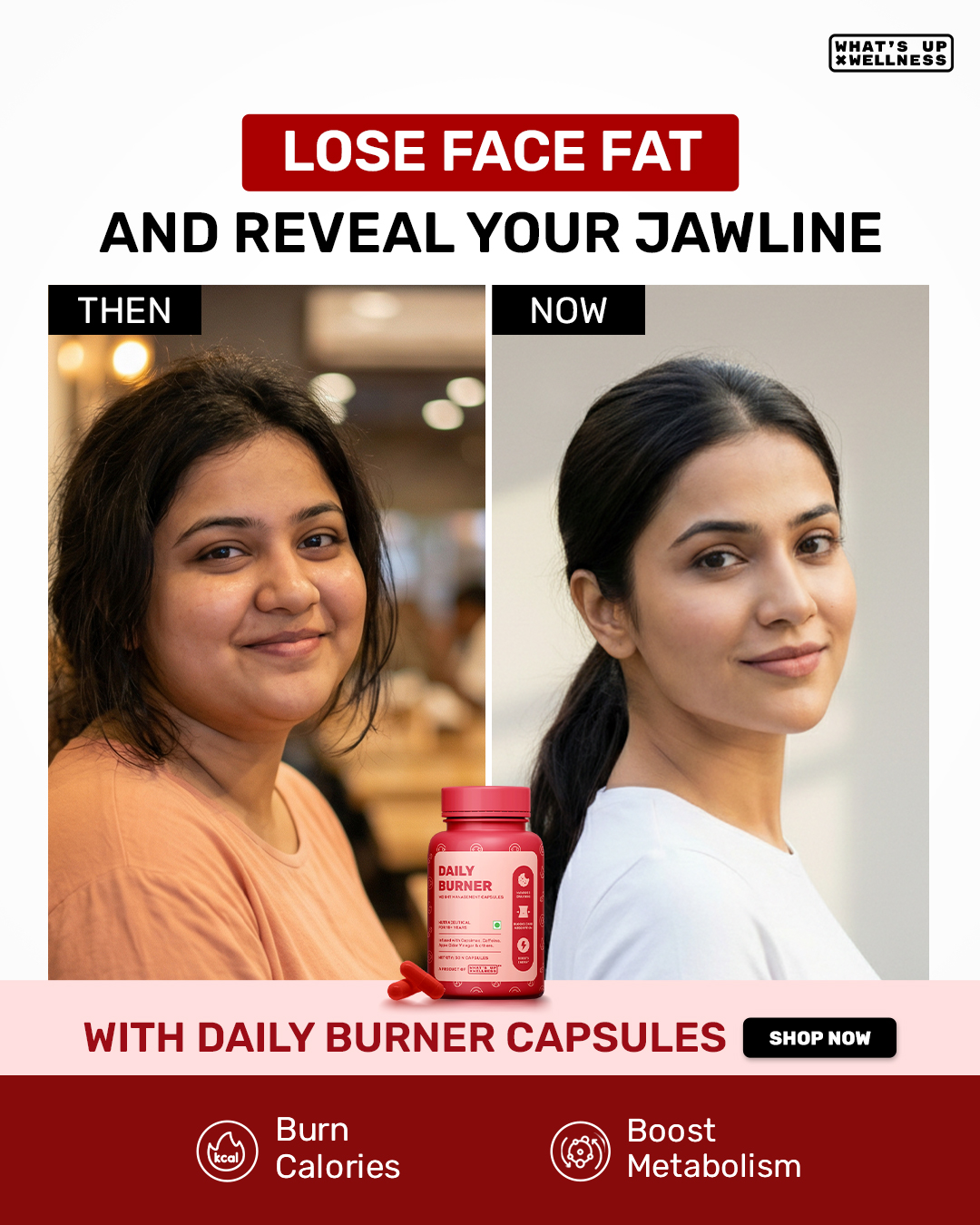 What's Up Wellness Daily Burner Capsules Facebook ad: Flat Rs. 100/- OFF + Extra 5% OFF On Prepaid | Code: WHATSUP