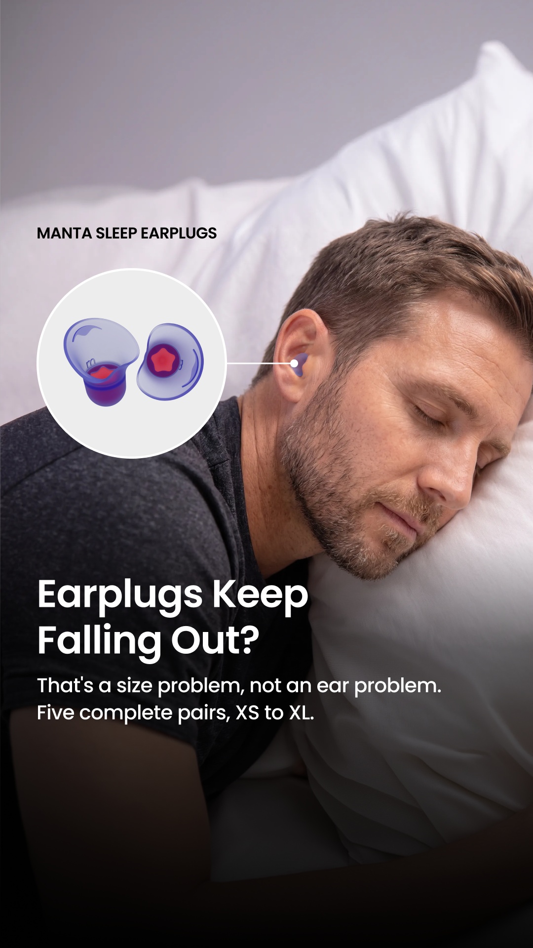 Manta Sleep Facebook ad: Earplugs for side-sleep. Finally.