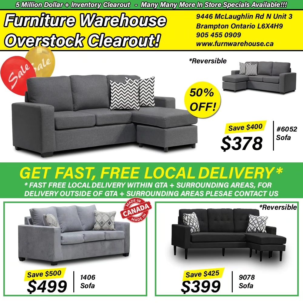 Furniture Warehouse Brampton Facebook ad from May 17, 2024