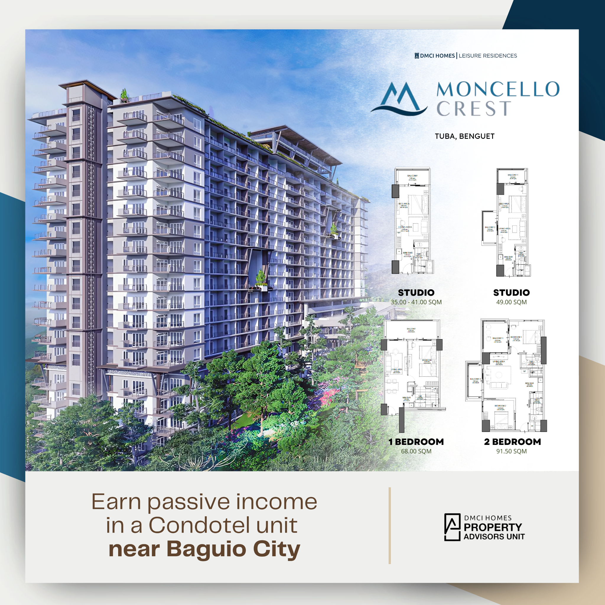 Moncello Crest - DMCI Homes Property Advisors Unit Official. Facebook ad: A Leisure Home Above the Clouds