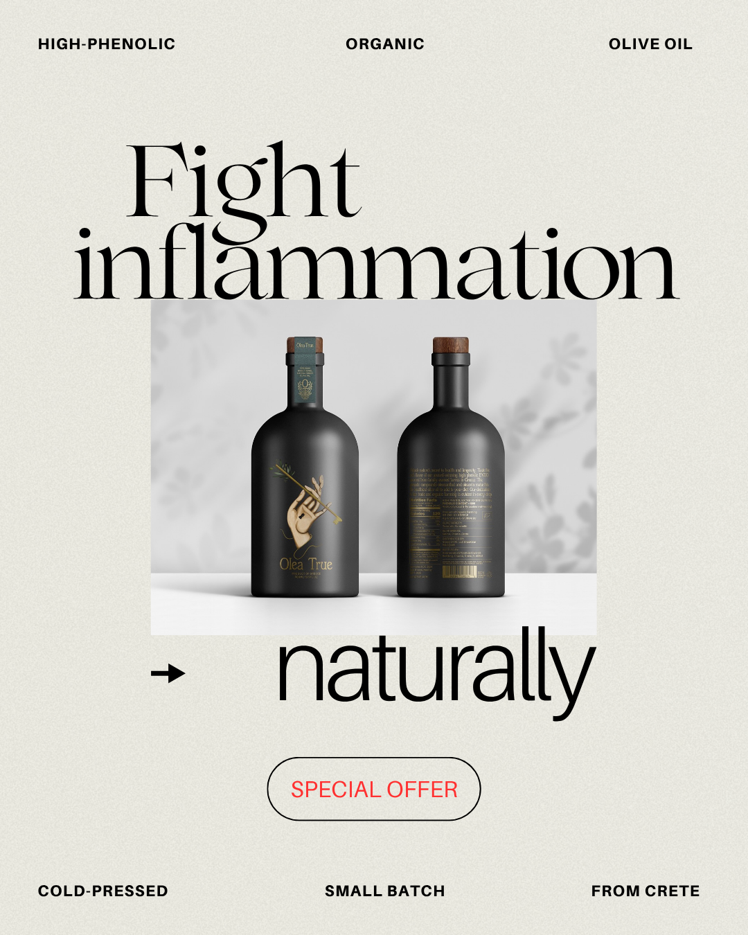 Olea True Facebook ad: Beyond Extra Virgin. Measured.