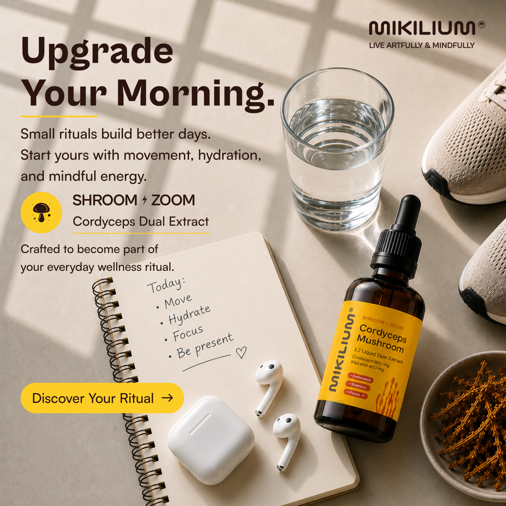 Mikilium Mushrooms Facebook ad: Your Body Deserves Clean Energy
