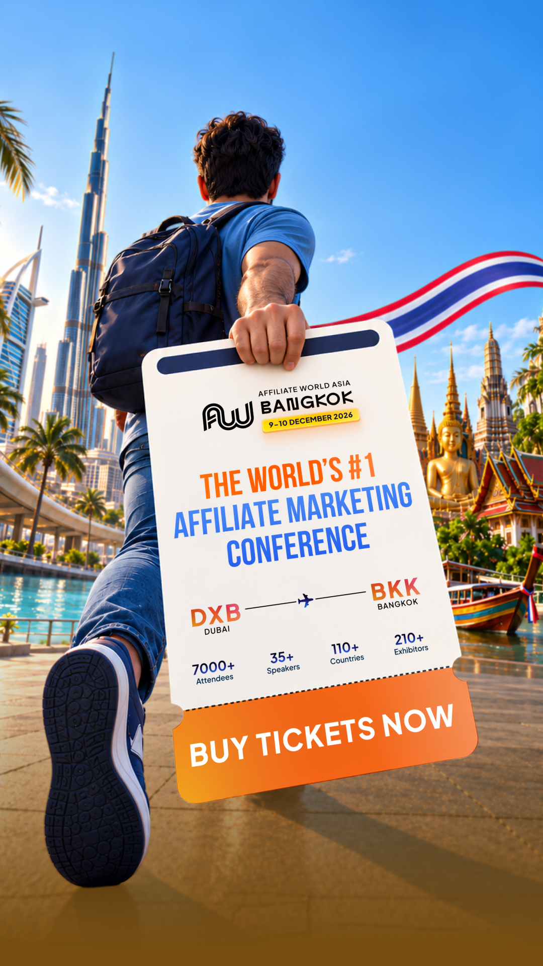 Affiliate World Conferences Facebook ad: Next stop: Bangkok. The industry is boarding.