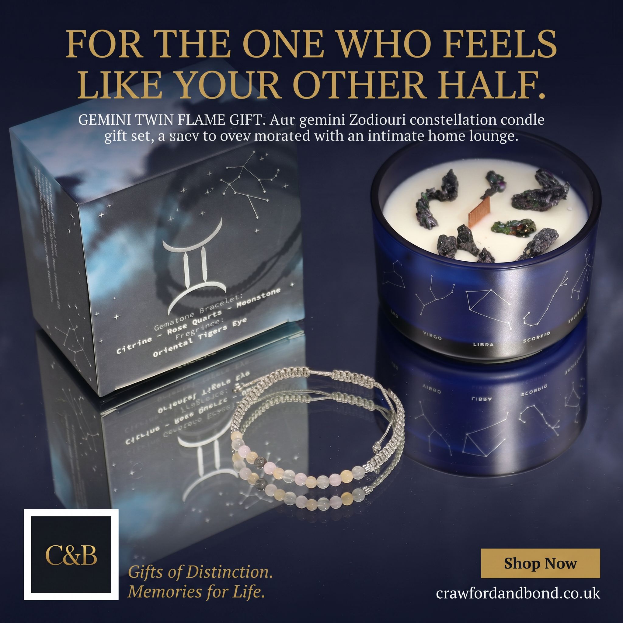 Crawford & Bond Facebook ad: Gemini Gemstone Bracelet and Soy Candle Woodwick