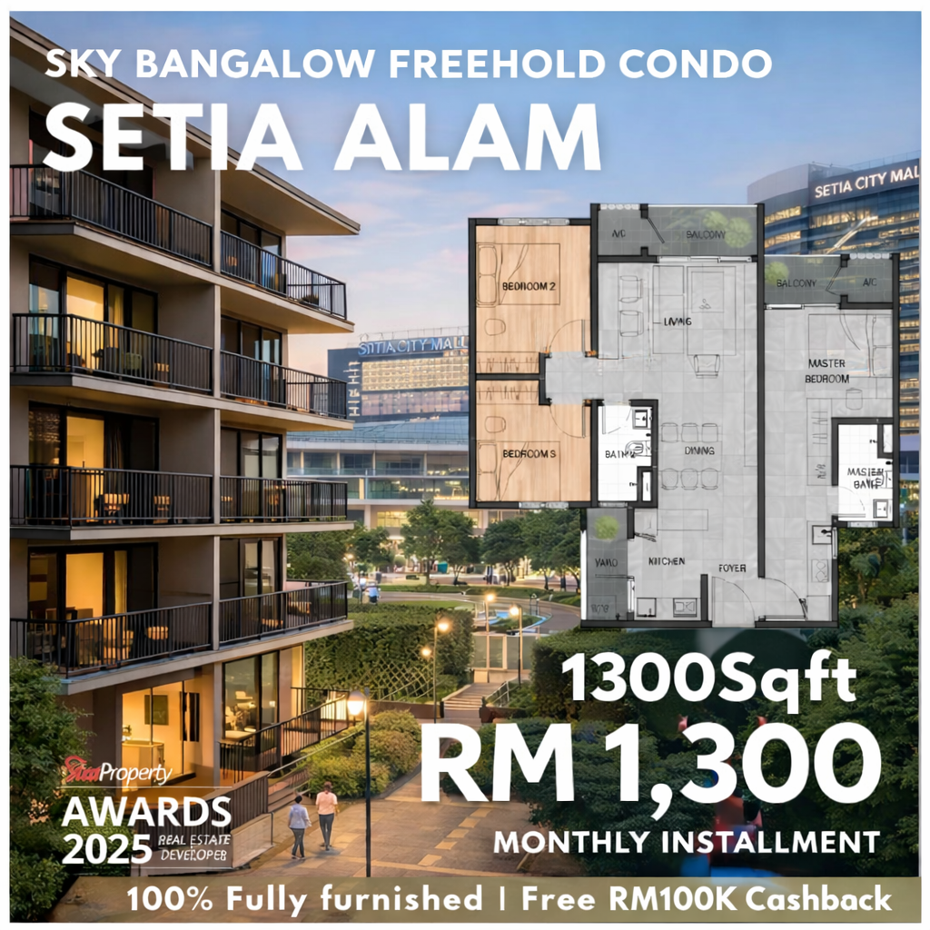 Selangor Cheapest Freehold Property 7 Facebook ad: 1300SF 3R Monthly Only RM1300 | RM100K Cashback