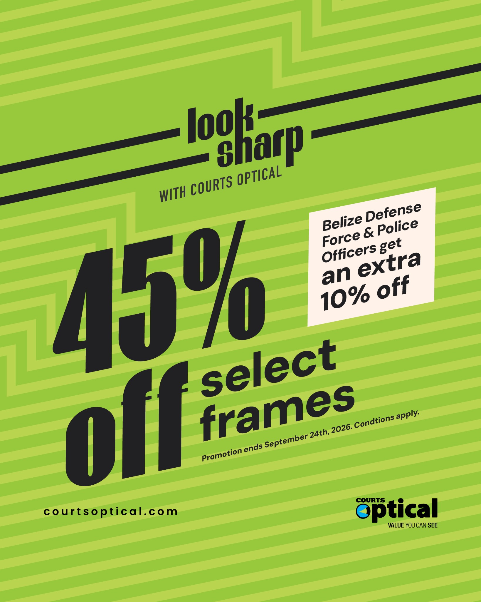 Courts Optical Belize Facebook ad: 10% OFF Frames for BDF & Police Officers